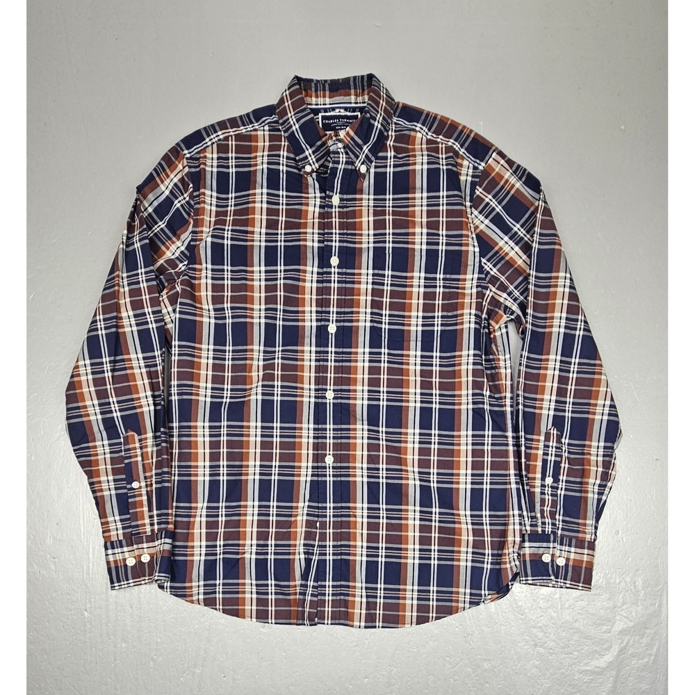 Charles Tyrwhitt Button Down Shirt Mens Medium Non Iron Slim Fit Blue Brown